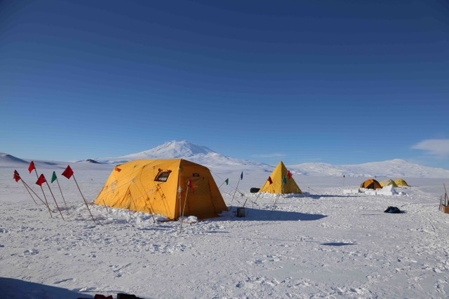 Yellow tents pitched on an ice shelf with a volcano in the background on a clear day