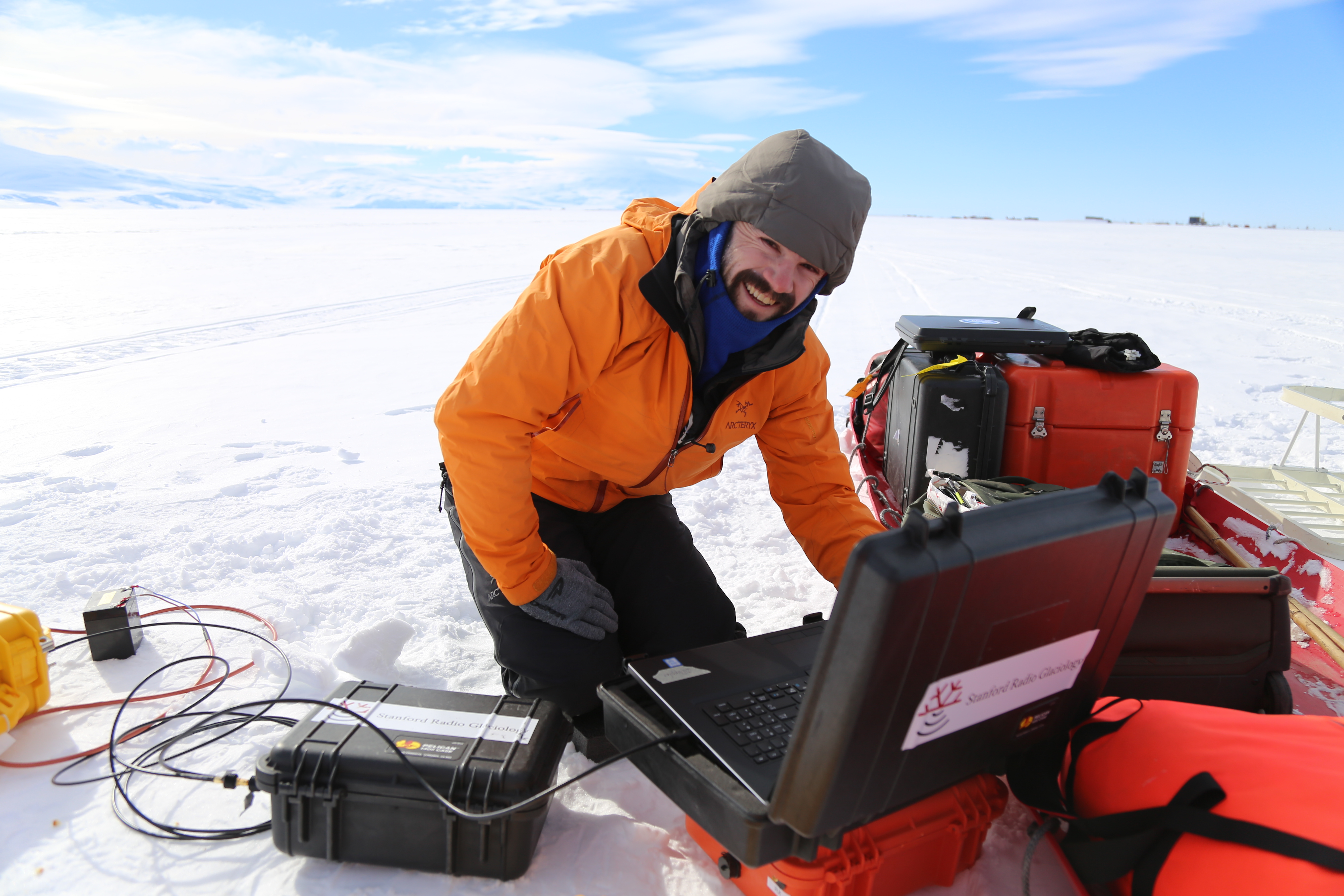 Paul using a radar system on McMurdo Ice Shelf