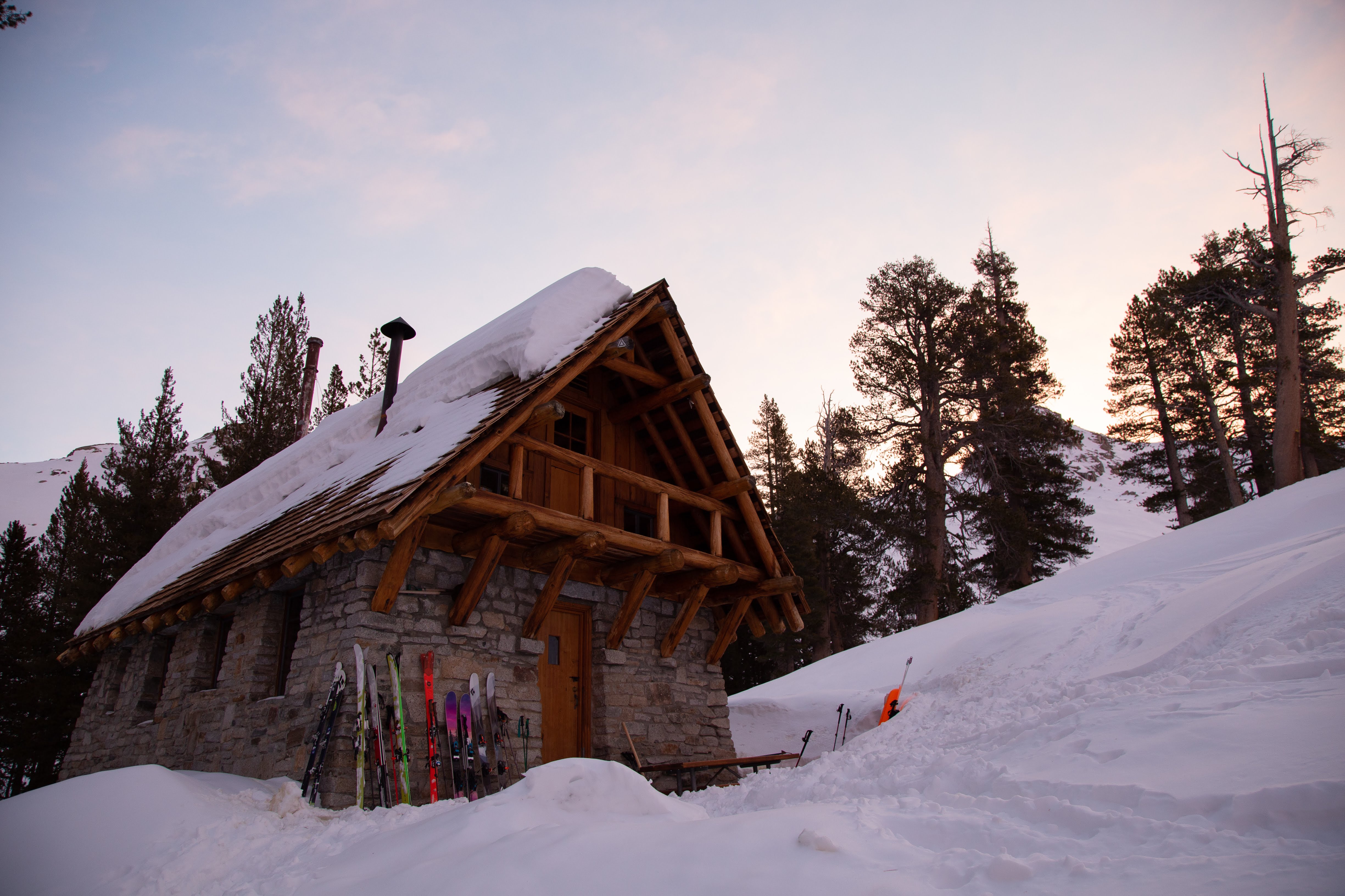 Snow covered pear lake hut