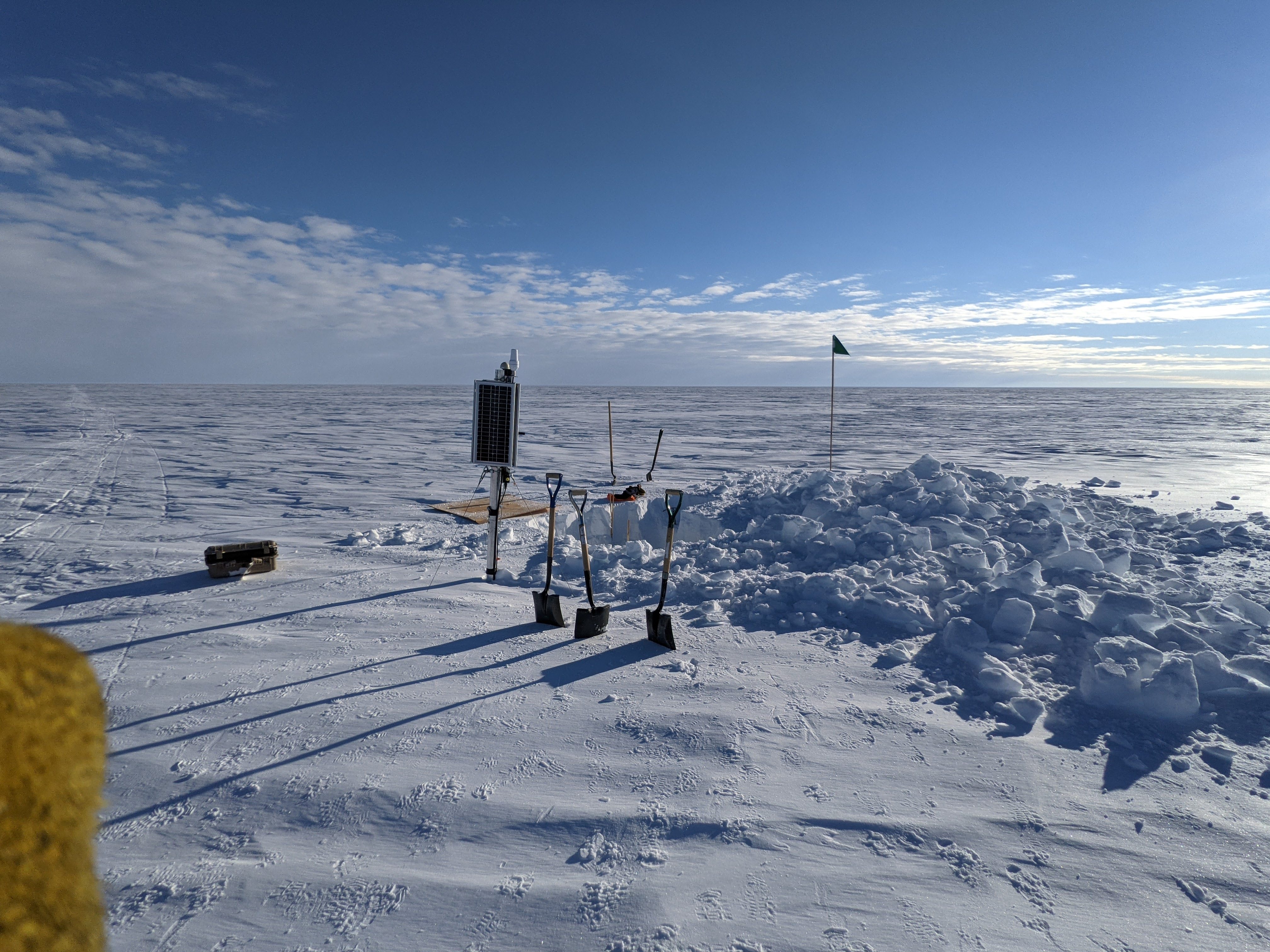 Passive seismic station after being dug up from the snow