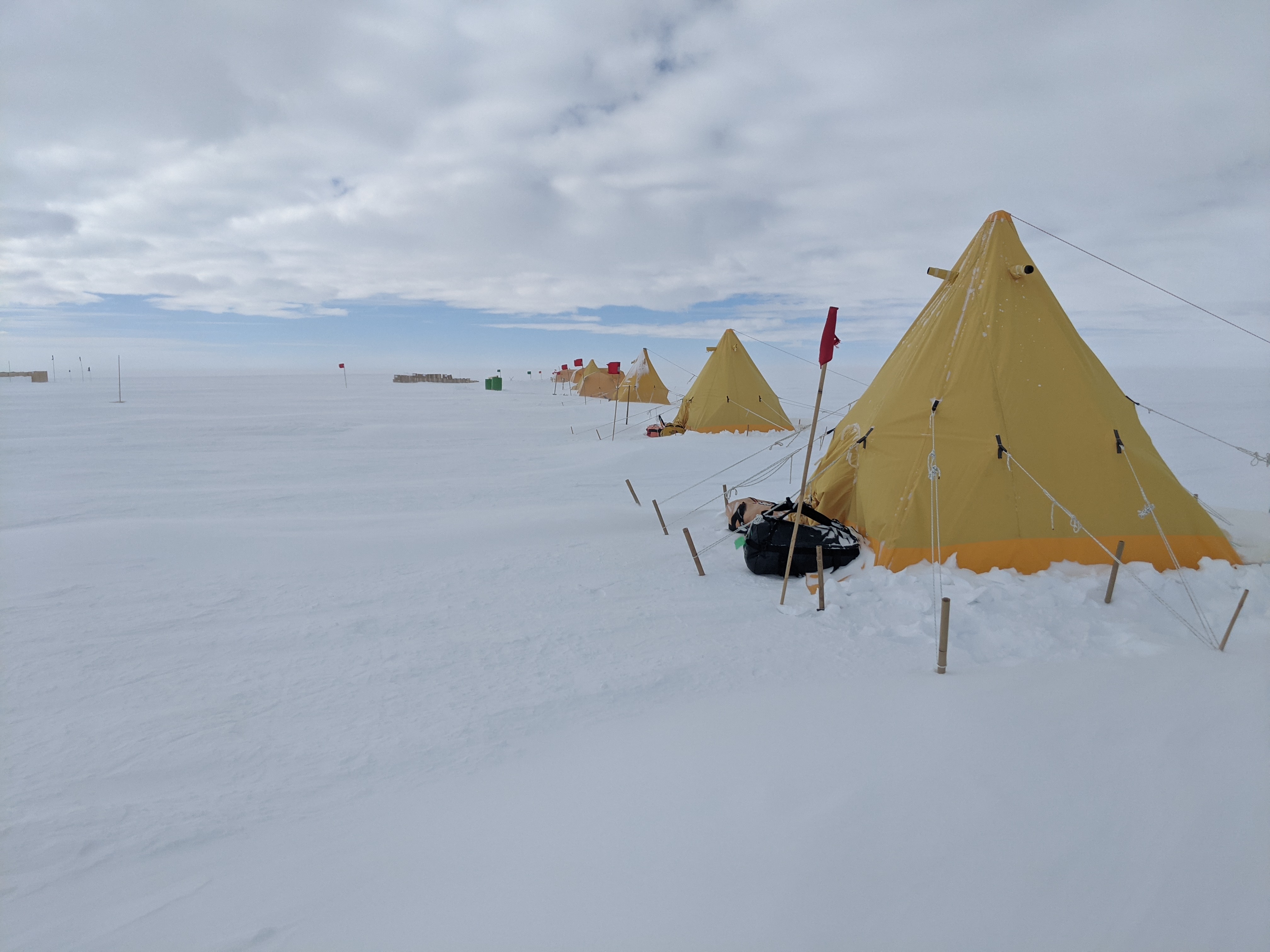 Yellow pyramid Scott tents set up in a field camp